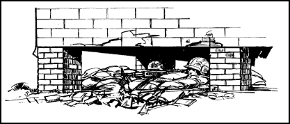 Figure 3-59. Sandbagged machine gun emplacement under a building.