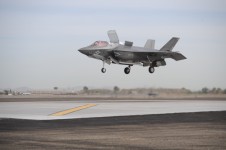 An F-35B Lightning II Joint Strike Fighter assigned to Marine Fighter Attack Squadron (VMFA) 121 prepares to make a vertical landing at Marine Corps Air Station Yuma, AZ