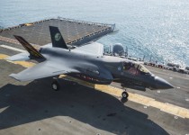 An F-35B Lightning II aircraft undergoes testing aboard the amphibious assault ship USS Wasp (LHD 1) during the second at-sea F-35 developmental test event