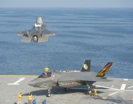 An F-35B Lightning II aircraft takes off from the amphibious assault ship USS Wasp (LHD 1)