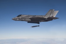 An F-35B Joint Strike Fighter test aircraft drops a GBU-32 guided munition during a live-fire weapons delivery test at Edwards Air Force Base, CA