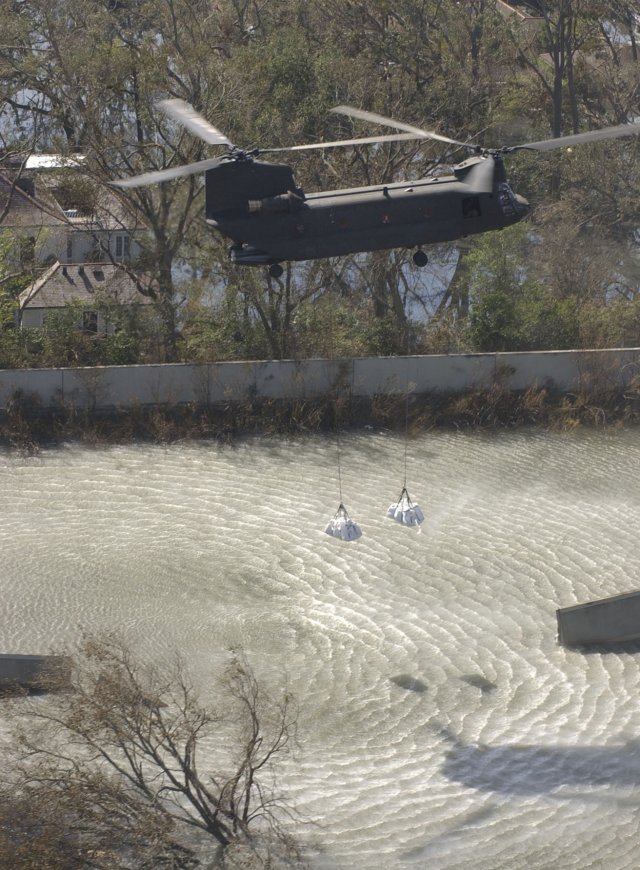 CH-47 Helicopter dropping sandbags in a New Orleans levee breach in the wake of Hurricane Katrina